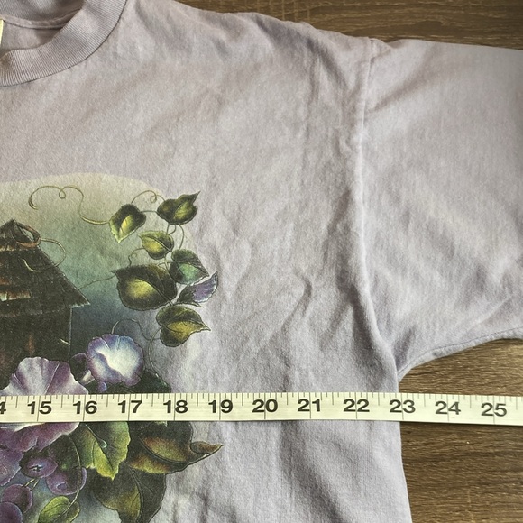 Vintage Dorothy Mullins Bird T Shirt Large Purple Flowers Birdhouse Cotton - Picture 6 of 8